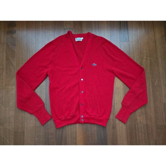 Izod Lacoste Cardigan Sweater Mens Xl Red Long Sleeve Button Vintage - Picture 1 of 7